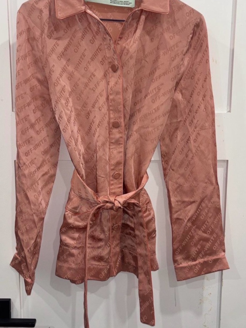 Off-White Satin Dusty Rose Button-Front Blouse with Waist Tie